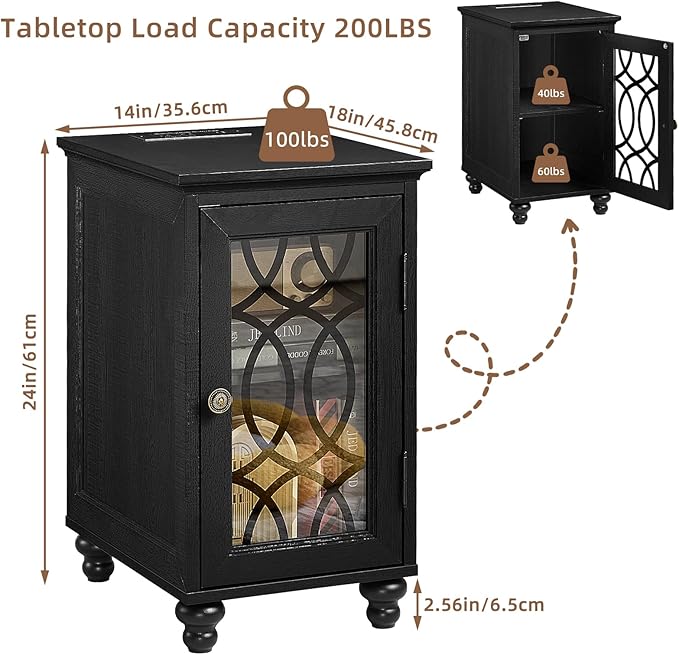 Narrow Side Table with Charging Station Set of 2, Night Stand with Glass Door,Bedside End Tables with Adjustable Shelf Storage Cabinet,Wood Nightstand for Small Spaces Living Room Bedroom