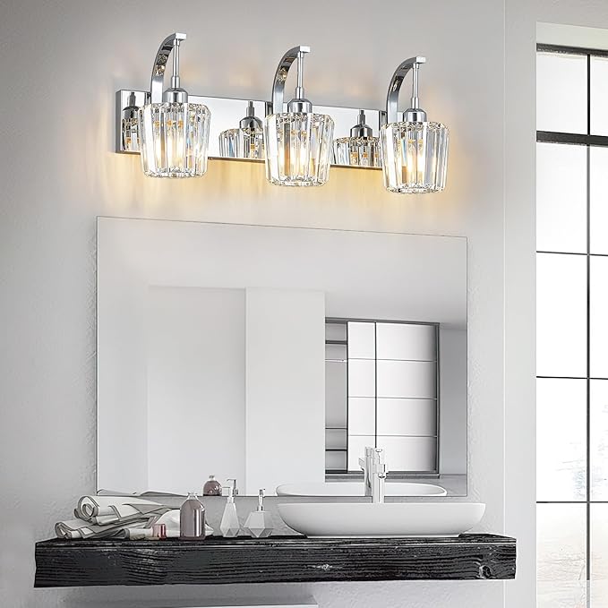 Modern Bathroom Vanity Light, 3-Light Chrome Wall Sconce with Crystal Accents, Over Mirror Bathroom Lighting Fixture, 23.62" Long Dimmable Vanity Lamp for Makeup, Easy Installation