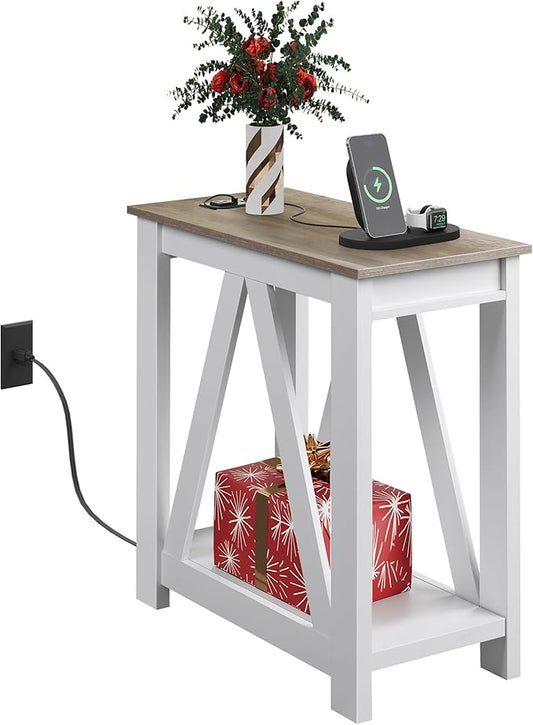 WLIVE Farmhouse End Table, Narrow Side Table with Charging Station, Slim End Table, Side Table for Bedroom, Living Room, Small Spaces, with 2 USB and 2 Power Outlets, 11.8" D x 23.6" W x 23.74" H