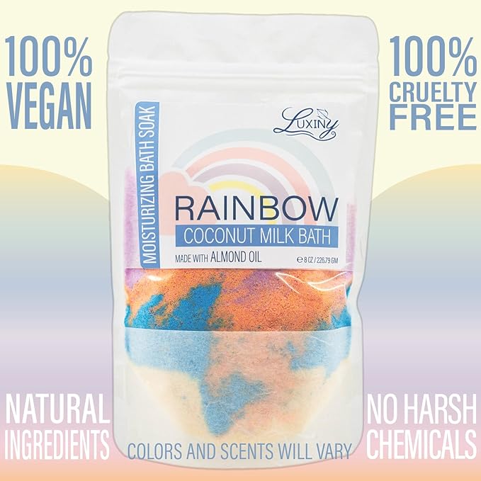 Luxiny Vegan Milk Bath Soak Made with Coconut Milk Powder & Sweet Almond Oil Which Creates A Bath Bomb Dust Soothing Fizz, 8oz (Rainbow)