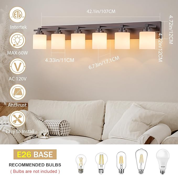 6 Light Modern Bathroom Light Fixtures Over Mirror, Bronze Finish Vanity Lights for Bathroom Wall Sconces with Milky White Glass Shades, E26 Socket (Bulbs Not Included)