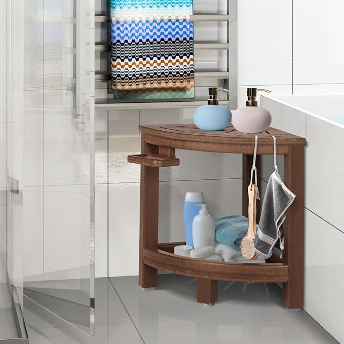 2-Tier Corner Shower Bench with Hooks & Soap Dish, HDPE Waterproof Stool for Shaving Legs, Non-Slip Shower Foot Rest - Brown