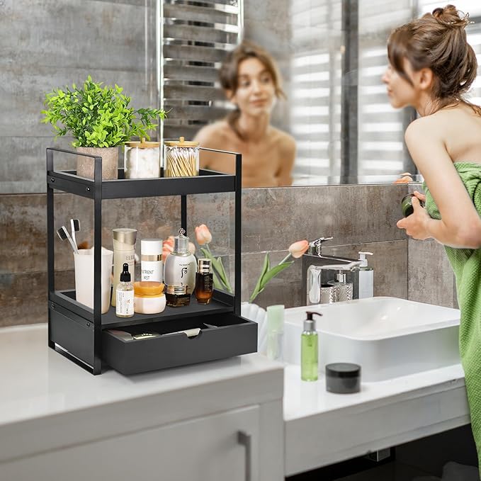 2-Tier Bathroom Organizer Countertop with Drawer, Wood Counter Shelf for Storage, Vanity Tray for Organization and Decor, Countertop Organizer for Bathroom, Kitchen, Office (Black)