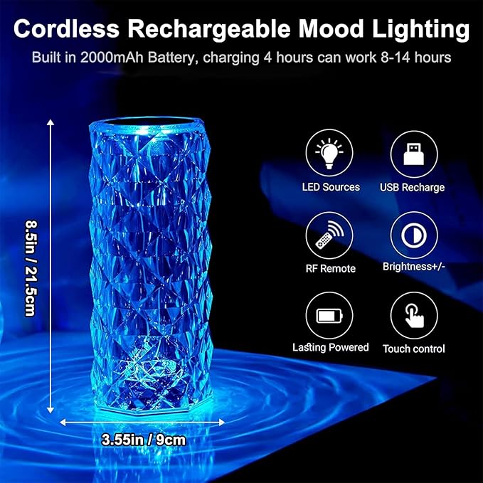 2Pack Crystal Table Lamp (Touch & Remote), 4 Modes 16 Color Changing Night Light, Rechargeable, Dimmable, RGB Rose Diamond Mood Lighting, Protable Cordless Desk Lamp for Bedroom Living Room Party