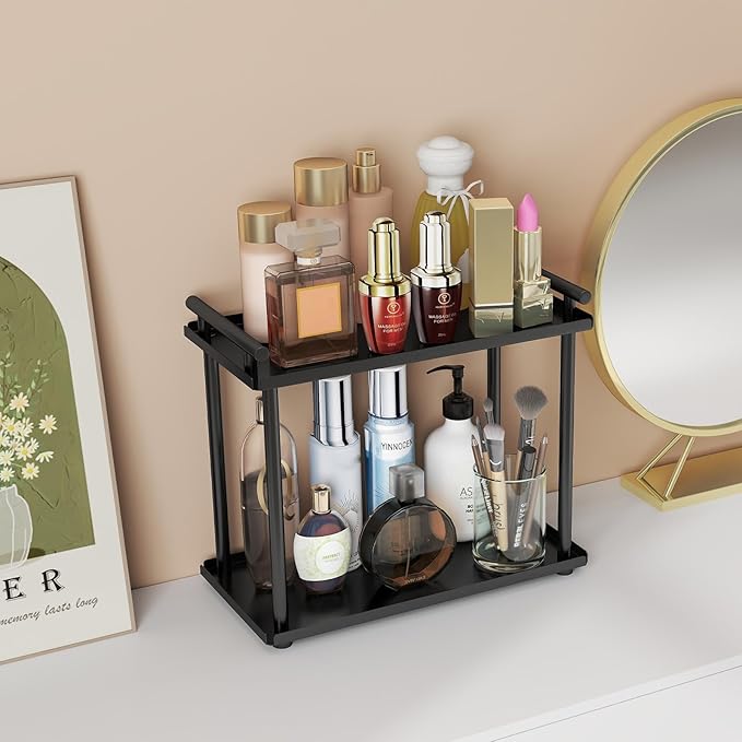 2 Tier Bathroom Organizer Countertop, Bathroom Counter Organizer, Small Vanity Shelf Skin Care Countertop Organizers and Storage Makeup for Dresser, (Black)