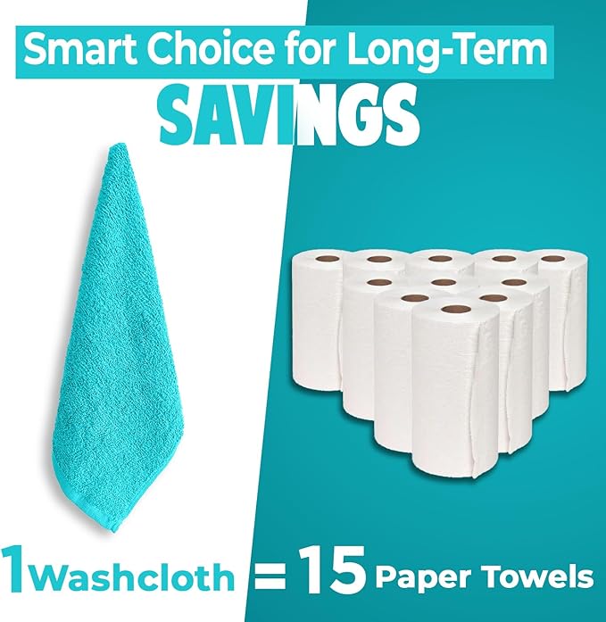 DAN RIVER 24 Pack Wash Cloths for Showering [12x12] - 100% Cotton Washcloths Premium Quality Flannel Face Cloths for Bathroom, Highly Absorbent and Soft Feel Wash Clothes, Aqua