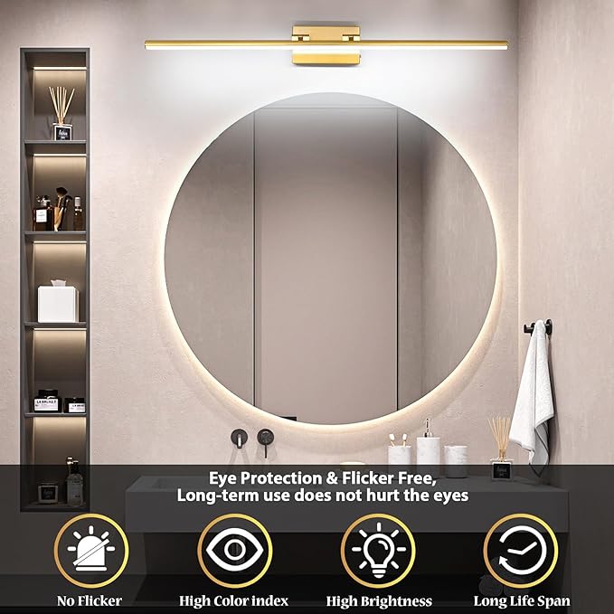 40 Inch LED Bathroom Vanity Light (3000K/4000K/6000K, Dimmable), Brass Modern Bathroom Light Fixture Over Mirror, Vanity Light Bar with Angle Adjustable