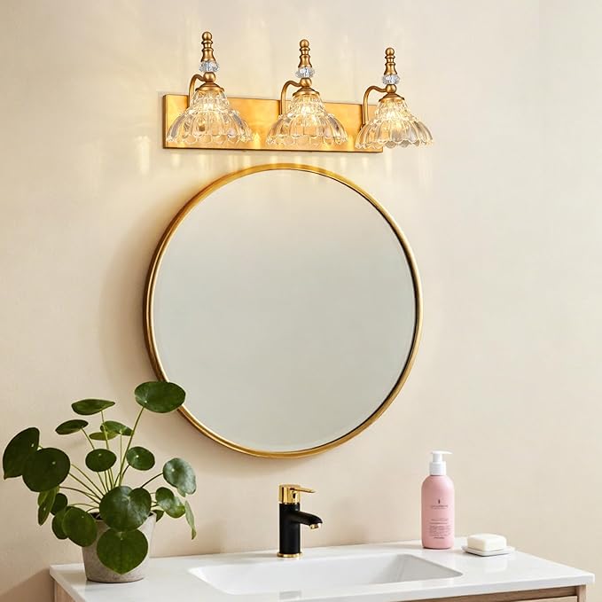Vintage Bathroom Vanity Light, 3-Light Brass Vanity Lighting Fixture with Flower Glass Shade, Bathroom Lighting Fixtures Over Mirror