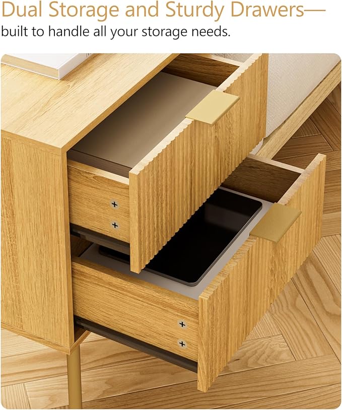 Masupu Night Stand,Mid-Century Modern Bedside Table with 2 Storage Drawer,Small Gold Frame Side End Table for Bedroom,Living Room, Natural