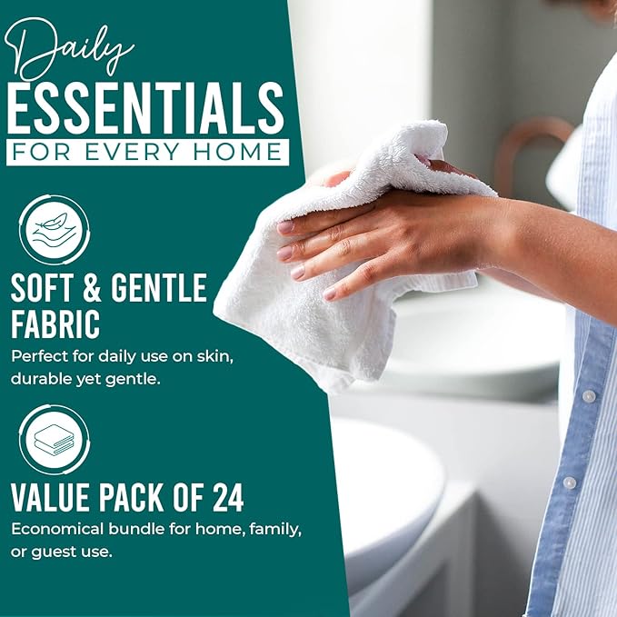 DAN RIVER 24 Pack Wash Cloths for Showering [12x12] - 100% Cotton Washcloths Premium Quality Flannel Face Cloths for Bathroom, Highly Absorbent and Soft Feel Wash Clothes, Teal