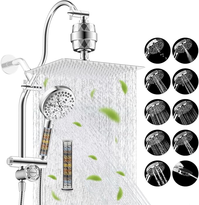 Hibbent Dual Filter All Metal 12" Rainfall Showerhead Combo, High Pressure Filter Shower Head with 10-Spray Mode Handheld, 4-way Diverter with Pause Mode, 71'' Shower Hose and Holder, Chrome
