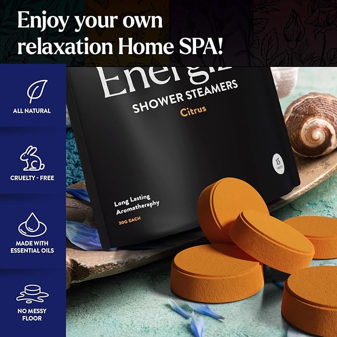 Miracle Made Citrus Mint Aromatherapy Shower Steamers – Essential Oil Shower Bombs for Relaxation, Nasal Relief & Daily Self-Care – 15 Shower Melt Tablets