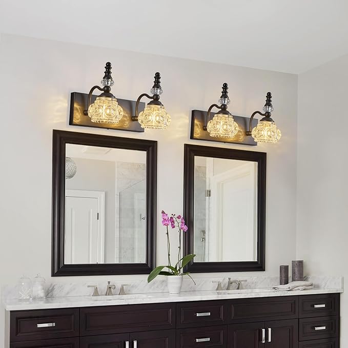 Modern Glass Crystal Bathroom Vanity Light Indoor Wall Lamp Black Vintage Wall Sconces 2-Lights Vanity Lighting Wall Mounted Sconce Wall Lighting