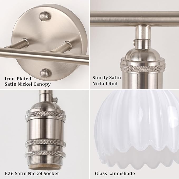 Bathroom Light Fixtures, 2-Light Vanity Wall Light Over Mirror with White Tulip Glass Shade for Bedroom Living Room (Bulb Not Included), Satin Nickel