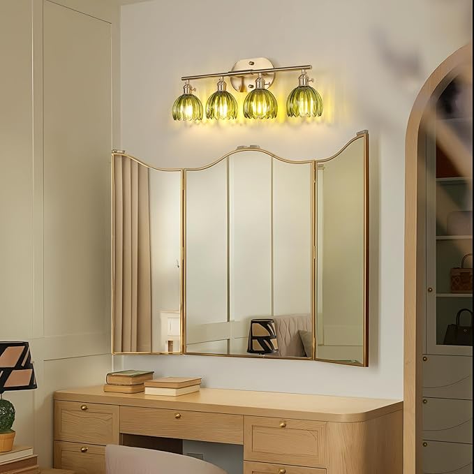 Bathroom Light Fixtures, 4-Light Brass Vanity Wall Light Over Mirror with Green Tulip Glass Shade for Bedroom Living Room (Bulb Not Included)