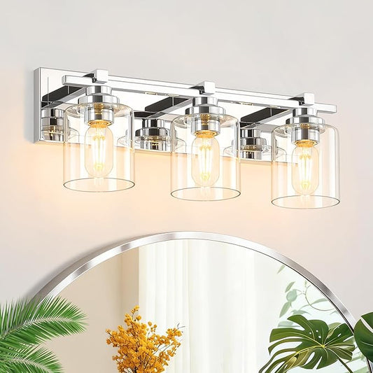 3 Light Modern Bathroom Light Fixtures Over Mirror, Chrome Vanity Lights for Bathroom Wall Sconces with Clear Glass Shades, E26 Socket (Bulbs Not Included)