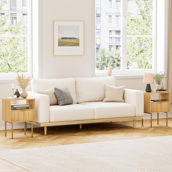 Masupu Night Stand,Mid-Century Modern Bedside Table with Storage Drawer and Open Wood Shelf,Small Gold Frame Side Table for Bedroom,Living Room, Natural