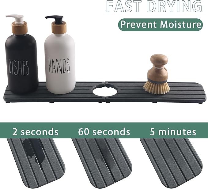 20inch x 4inch Kitchen Sink Faucet Mat, Water Absorbing Stone Faucet Splash Guard for Bathroom Counter, Quick Drying Diatomite Tray for Kitchen Sink, Dark Gray