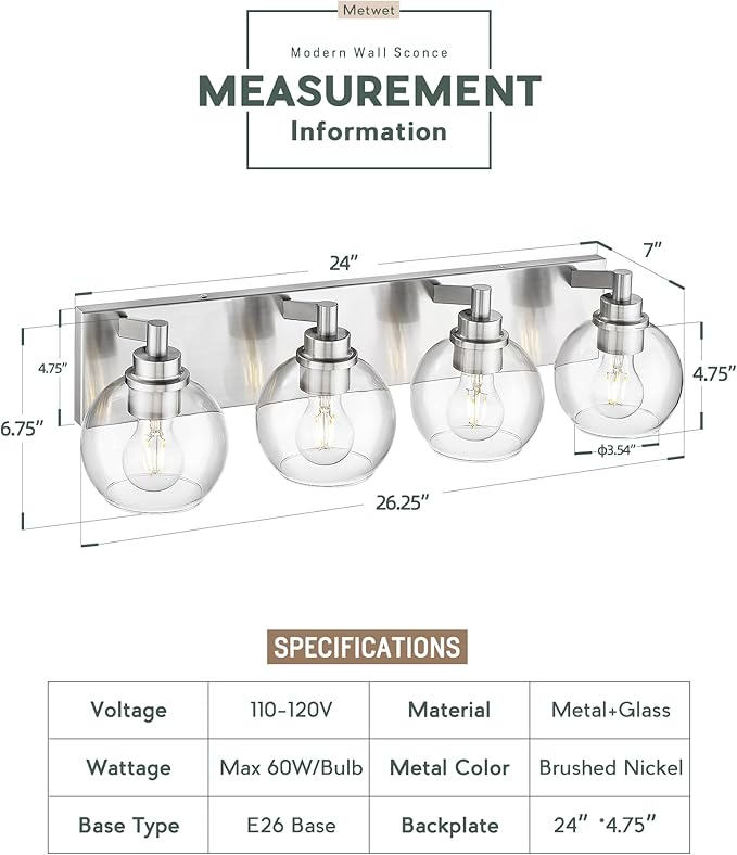 Bathroom Light Fixtures, 4 Light Brushed Nickel Vanity Light, 26 Inch Modern Wall Sconces with Globe Clear Glass Shade, Vanity Lighting Fixtures Over Mirror, VL195-BN-CL-4