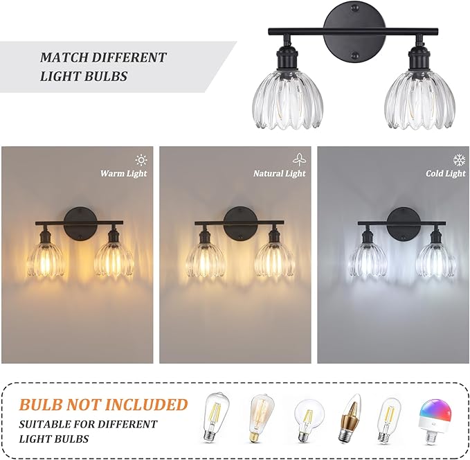 Bathroom Light Fixtures, 2-Light Black Vanity Wall Light Over Mirror with Clear Tulip Glass Shade for Bedroom Living Room (Bulb Not Included)