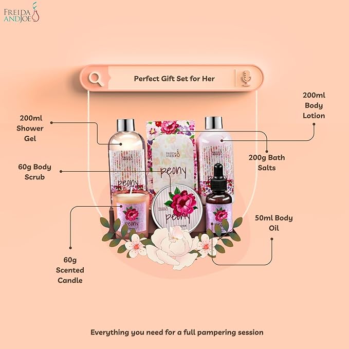 Bath and Body Gift Set for Women with Shower Gel, Body Lotion, Body Scrub, Body Oil, Bath Salt, and Scented Candle – Perfect Spa Gift (Peony Floral)