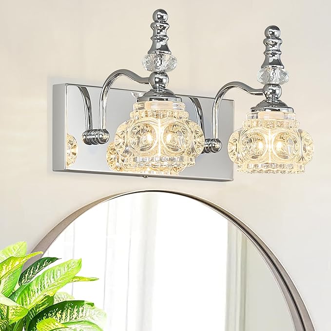 Modern Glass Crystal Vanity Light - Vintage Bathroom Lighting Fixtures Over Mirror, 2 Light Vanity Lights G9 Bulb (11.81 Inch, Chrome)