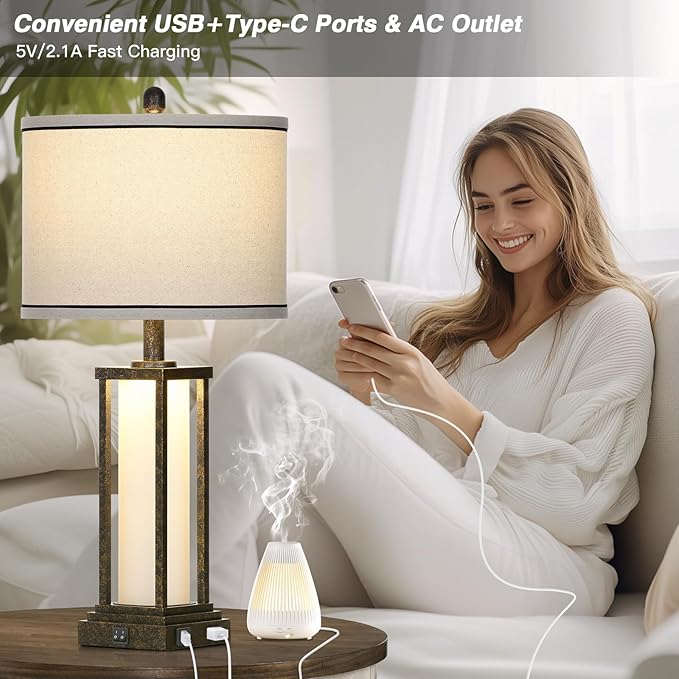 27" Tall Vintage Table Lamp with USB C+A & Outlet,Bronze Industrial End Table Lamp for Living Room,Farmhouse Rustic Bedside Lamp with Frosted Glass Night Light for Bedroom Nightstand,Bronze-1P