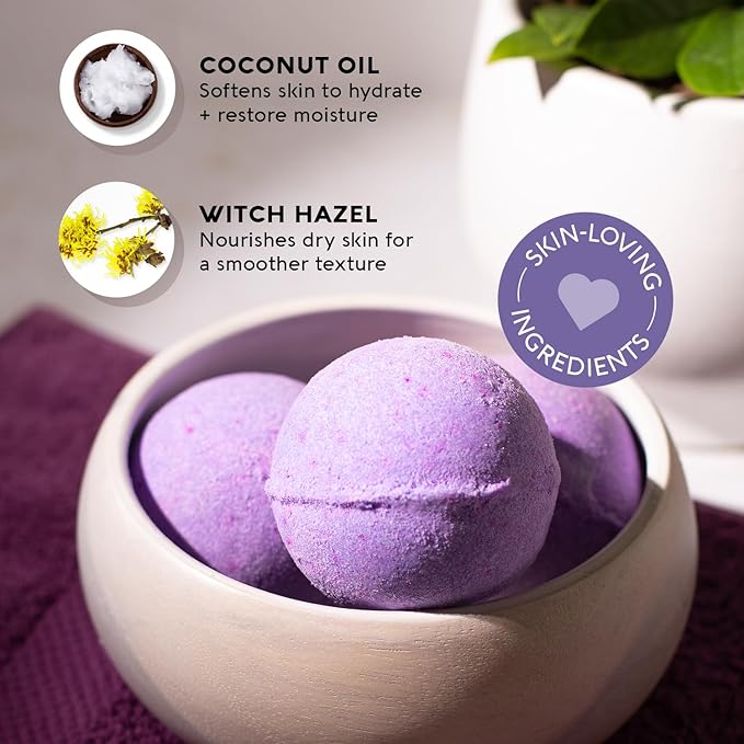 Nature's Beauty Lavender & Rosemary Bath Bomb Multi-Pack - Luxury Fizzy Spa Bath Bomb to Help Calm, Soothe + Revive Dull and Dry Skin Made with Coconut Oil & Witch Hazel, 5.5 oz (4 Pack)