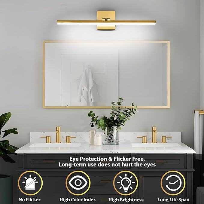 24 Inch LED Bathroom Vanity Light (3000K/4000K/6000K, Dimmable), Brass Modern Bathroom Light Fixture Over Mirror, Vanity Light Bar with Angle Adjustable