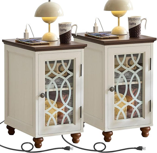 Narrow Side Table with Charging Station Set of 2, Night Stand with Glass Door,Bedside End Tables with Adjustable Shelf Storage Cabinet,Wood Nightstand for Small Spaces Living Room Bedroom
