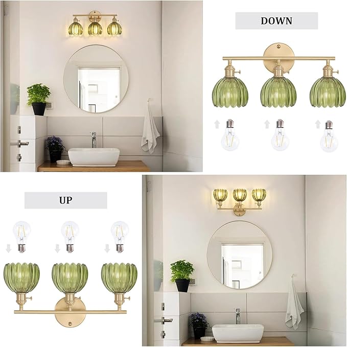 Bathroom Light Fixtures, 3-Light Brass Vanity Wall Light Over Mirror with Green Tulip Glass Shade for Bedroom Living Room (Bulb Not Included)