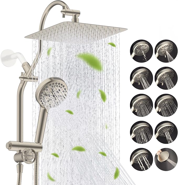 Hibbent Upgraded All Metal 10"Rainfall Showerhead Combo, High Pressure Shower Head with 10-Spray Mode Handheld, Innovative 4-way Diverter with Pause Mode, 71'' Shower Hose & Holder, Brushed Nickel