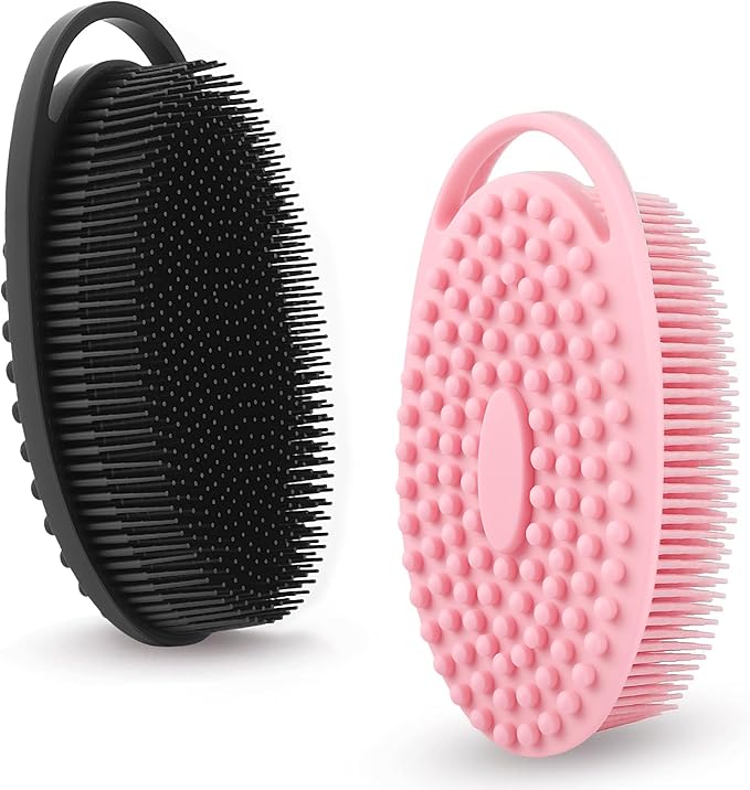2 Pack Silicone Body Scrubber for Shower - Soft & Gentle Loofah Alternative for Sensitive Skin, Quick-Drying & Hygienic Body Wash Scrubber Brush for Women, Men & Kids (Black & Pink)