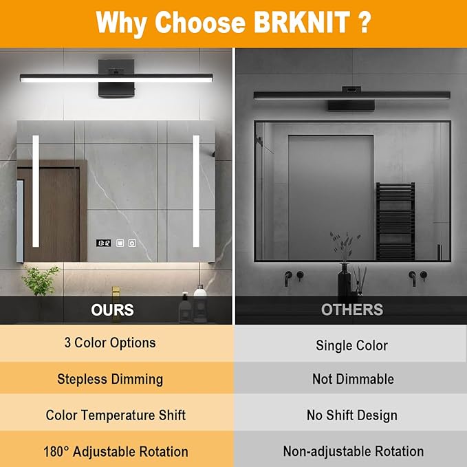 24 Inch LED Bathroom Vanity Light (3000K/4000K/6000K, Dimmable), Black Modern Bathroom Light Fixture Over Mirror, Vanity Light Bar for Bathroom with Angle Adjustable