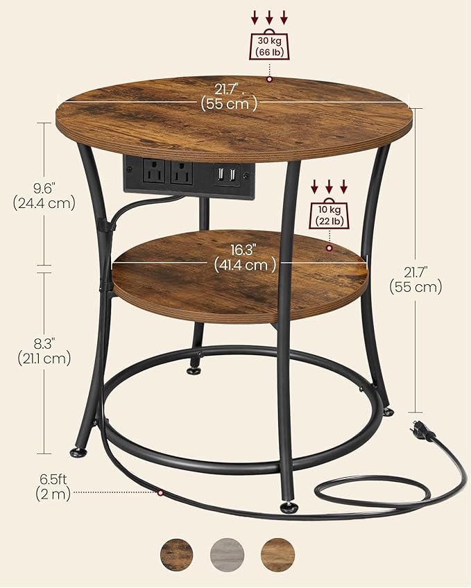 VASAGLE Side Table, 2-Tier Round End Table with Power Outlets, Nightstand with Steel Frame for Small Spaces, Living Room, Bedroom, Rustic Brown and Ink Black ULET077K01