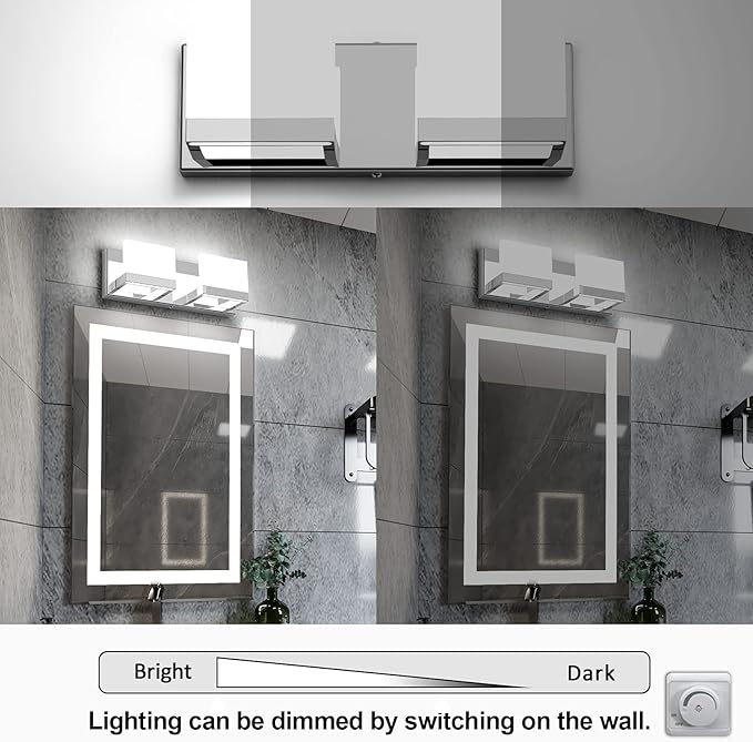 Tipace LED Dimmable Modern 2-Light Vanity Fixture for Bathroom - Frosted White Acrylic Chrome Up and Down Light Over Mirror (6000K)
