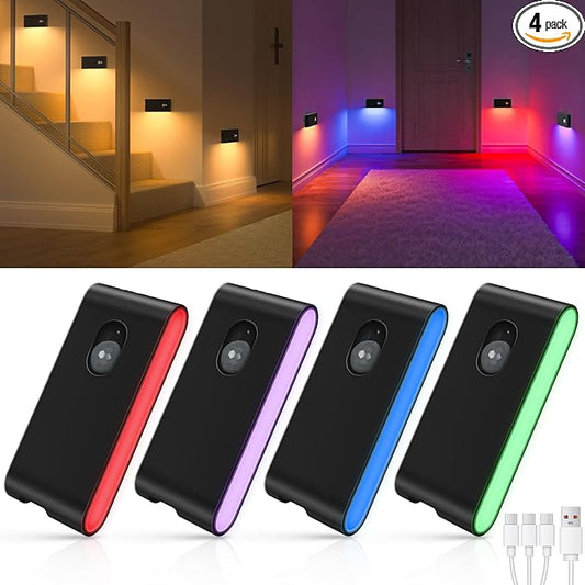 WILLED Stair Lights Indoor Rechargeable,RGB & Warm White Color Changing Night Light,Wireless Motion Sensor Lights Indoor for Stair,Bathroom,Hallway,Kitchen,Closet,Cabinet,Bedroom,Kids' Room
