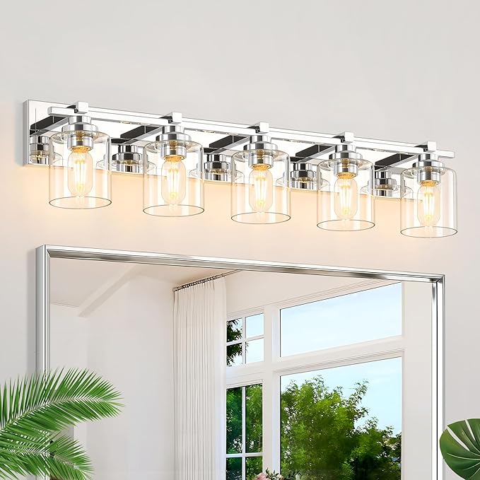 5 Light Modern Bathroom Light Fixtures Over Mirror, Chrome Vanity Lights for Bathroom Wall Sconces with Clear Glass Shades, E26 Socket (Bulbs Not Included)