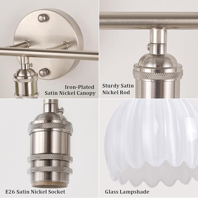 Bathroom Light Fixtures, 3-Light Vanity Wall Light Over Mirror with White Tulip Glass Shade for Bedroom Living Room (Bulb Not Included), Satin Nickel