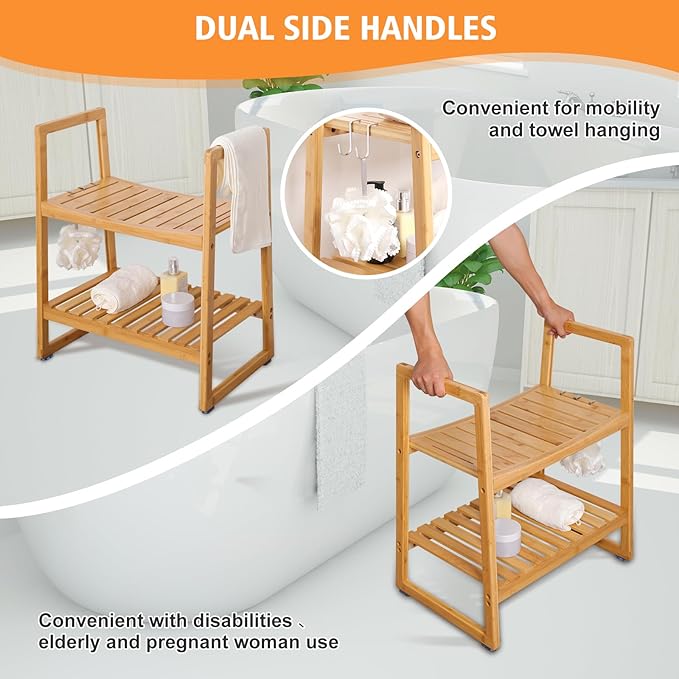 VVW 21.6 Inch Bamboo Shower Bench Seat Chair Stool with Arms for Inside Shower, Heavy Duty Spa Bath Chair with 2 Movable Hooks, Non-Slip Feet for Bathroom Accessories (Beige)