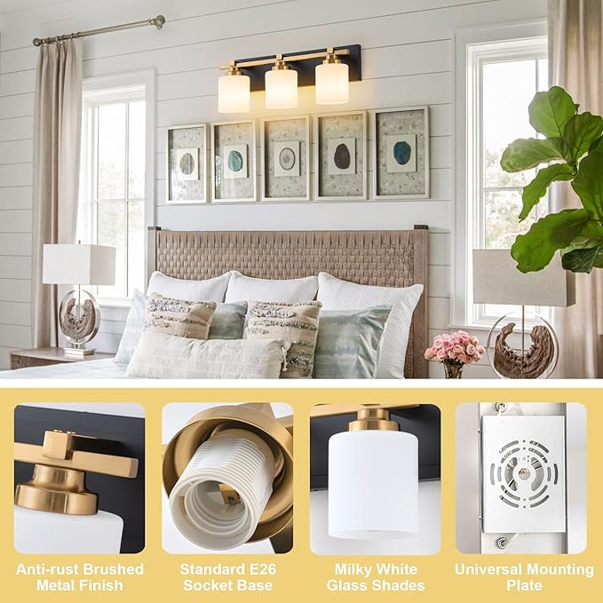 3 Light Modern Bathroom Light Fixtures Over Mirror, Black Gold Vanity Lights for Bathroom Wall Sconces with Milky White Glass Shades, E26 Socket (Bulbs Not Included)