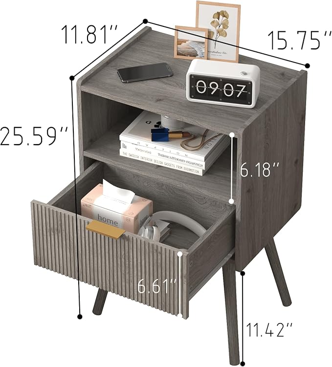 Nightstand,Modern Bedside Table with Storage Drawer and Open Wood Shelf, for Living Room, Bedroom and Small Spaces, Accent Night Stand with Solid Wood Legs, Easy Assembly,Grey Oak