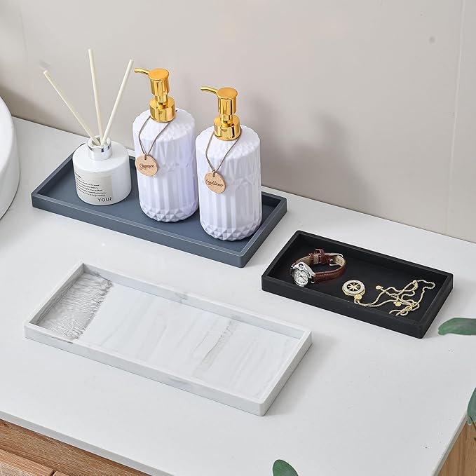 2PCS 11.8” L x 5” W Silicone Soap Dispenser Tray, Bathroom Sink Vanity Trays for Dresser Tops, Toilet, Small Black Tray for Scrubber, Lotion Bottles, Perfume, Jewelry, Candle, Key Trinket Ring-Black