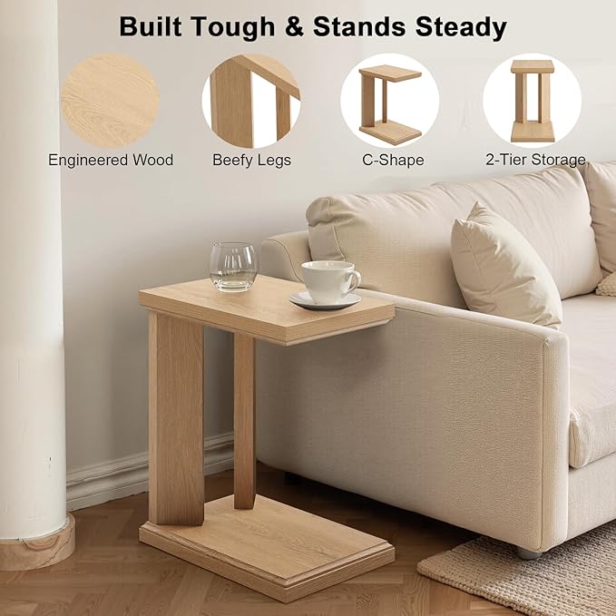 C Shaped End Table for Couch, 23.2'' High Small Side Table 2-Tier C Shaped Sofa Table for Small Narrow Spaces, Modern Nightstand for Bedroom, Living Room, Apartment, Home Office, Oak