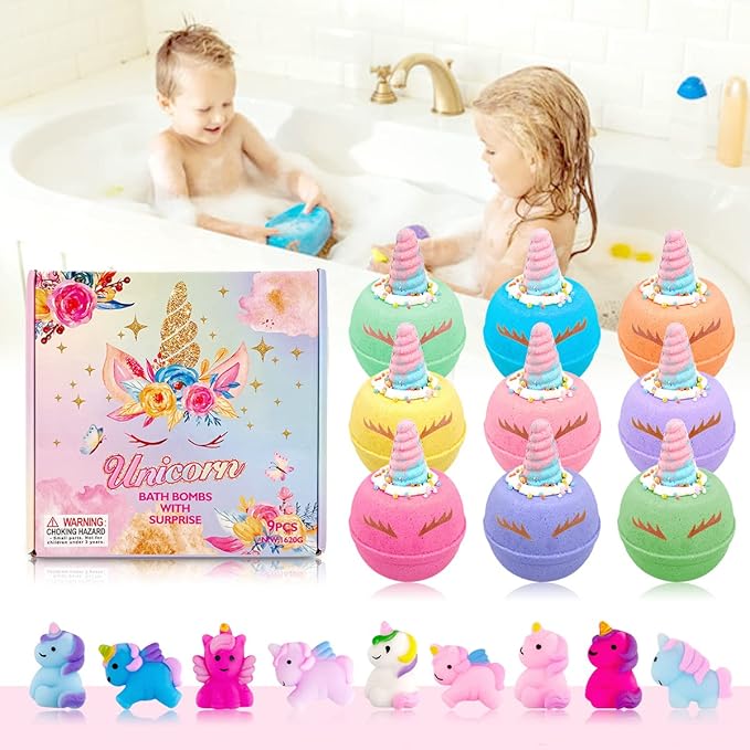Skin-Safe Unicorn Bath Bombs for Kids with Surprise Squishy Toys Inside, 9 Extra Large Bath Salts with Calming and Long Lasting Scent, Natural Bubble Bath Bombs for Girls Sensitive Skin