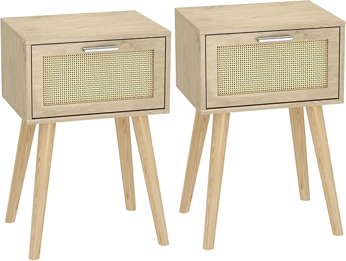LAATOOREE Nightstand Set of 2, Small Bedside Table, Boho Side End Table, Rattan Door, Solid Wood Feet for Bedroom and Living Room