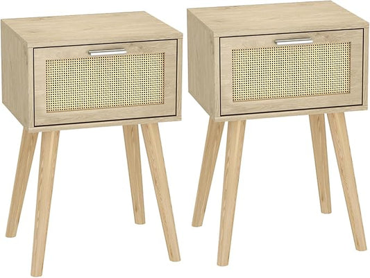 LAATOOREE Nightstand Set of 2, Small Bedside Table, Boho Side End Table, Rattan Door, Solid Wood Feet for Bedroom and Living Room
