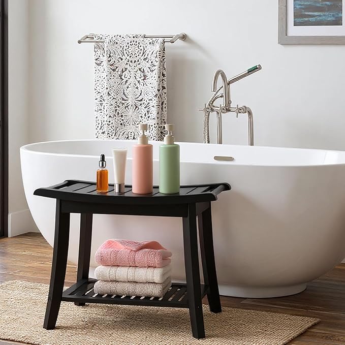 Bamboo Shower Bench Stool,24" Shower Chair Seat Non-Slip,Waterproof Bathroom Bench with Storage Shelf for Adults,Elderly, Disabled Indoor&Outdoor Use (Black)