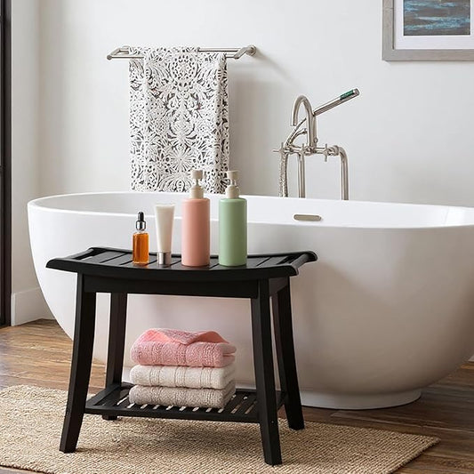 Bamboo Shower Bench Stool,24" Shower Chair Seat Non-Slip,Waterproof Bathroom Bench with Storage Shelf for Adults,Elderly, Disabled Indoor&Outdoor Use (Black)