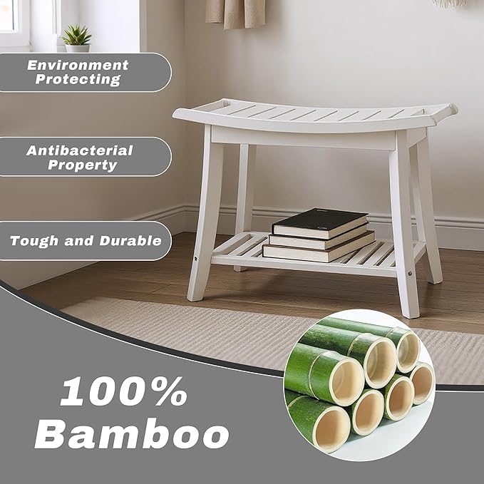 Bamboo Shower Bench Stool,24" Shower Chair Seat Non-Slip,Waterproof Bathroom Bench with Storage Shelf for Adults,Elderly, Disabled Indoor&Outdoor Use (White)